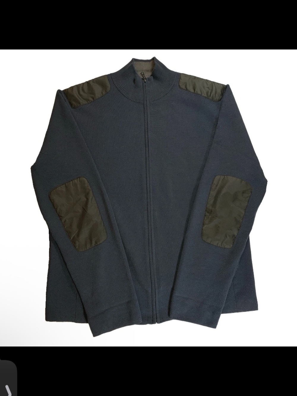 Victorinox Full Zip Sweater Mens XL Blue Black Elbow + Shoulder Patch Mock Neck